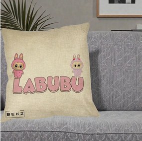 Perna Personalizata Labubu Duo Roz-Lila cu Text, 40x40 cm, Crem, Husa Detasabila, Perna Inclusa, BEKZ®