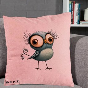 Perna Decorativa Pasare Teal cu Gene si Coada Spiralata, 40x40 cm, Roz, Husa Detasabila, Perna Inclusa, BEKZ®