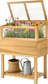 Outsunny Jardinieră înaltă cu seră din lemn, ladă de plantare ridicată cu capac rabatabil, raft, material nețesut, ergonomic | Aosom Romania