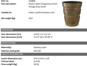 Ghiveci, Vas decorativ din otel inoxidabil Apex alama vintage