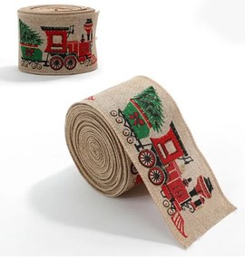Panglica de Craciun CHRISTMAS TRAIN 6,3 cm x 2 m, bej