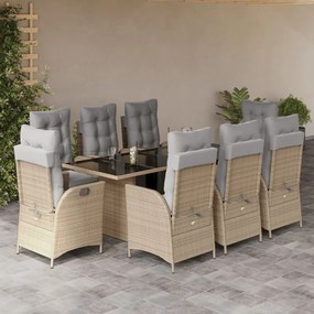 vidaXL Set de masă pentru grădină, 9 piese, cu perne, bej, poliratan