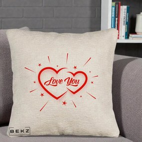 Cadou Romantic - Perna Personalizata Love You Doua Inimi, 40x40 cm, Bej Canapea, Husa Detasabila, Perna Inclusa, BEKZ®