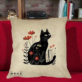 Perna Decorativa Pisica Neagra Flori Rosii Folk, 40x40 cm, Crem, Husa Detasabila, Perna Inclusa, BEKZ®