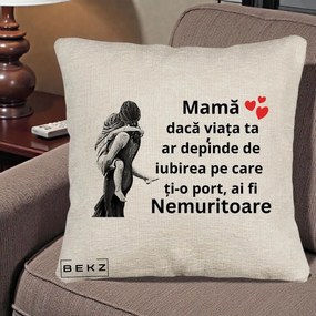 Cadou pentru Mama - Perna Personalizata Mama Nemuritoare Gravura Vintage, 40x40 cm, Bej Canapea, Husa Detasabila, Perna Inclusa, BEKZ®