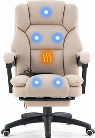 Scaun directorial, Masaj si Incalzire in 7 puncte, spatar rabatabil, suport pentru picioare, material textil premium, Bej