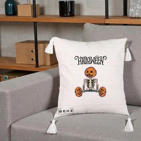 Perna Decorativa Halloween Schelet cu Cap de Dovleac Powerlifting, 40x40 cm, Bej cu Franjuri, Husa Detasabila, Perna Inclusa, BEKZ®