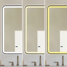 Oglindă Baie LED și Dezaburire Elit's Premium cu Senzor Touch, Lumina Rece, Caldă și Neutră, 60x90cm, cu rama Negru Antichizat, Ceas