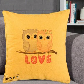 Perna Decorativa Love Bufnite Indragostite pe Crenguta Roz si Mov, 40x40 cm, Galben, Husa Detasabila, Perna Inclusa, BEKZ®