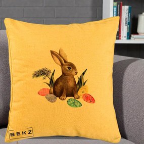 Perna Decorativa Iepuras cu Oua de Pasti Acuarela, 40x40 cm, Galben, Husa Detasabila, Perna Inclusa, BEKZ®