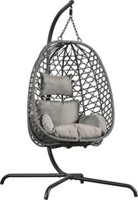Fotoliu leagan suspendat, cu perne moi, cos pliabil, rezistente la UV, împletitură PE ratan, structură metalică, pentru interior și exterior, Gri