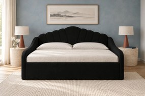 Pat tapițat pentru copii din catifea Noma 120×200 cm, negru, cu ladă de depozitare