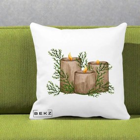 Perna Decorativa Lumanari Rustice cu Crengute Brad, 40x40 cm, Alba Mata, Husa Detasabila, Perna Inclusa, BEKZ®
