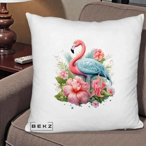 Perna Decorativa Flamingo cu Hibiscus Tropical, 40x40 cm, Alb Pufos, Husa Detasabila, Perna Inclusa, BEKZ®