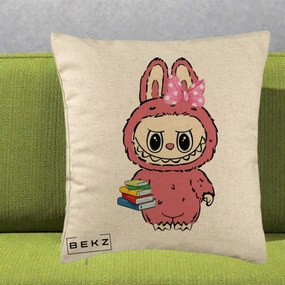 Perna Personalizata Labubu Roz cu Funda si Carti, 40x40 cm, Bej, Husa Detasabila, Perna Inclusa, BEKZ®