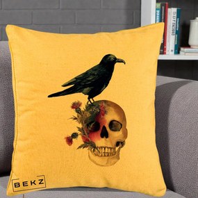 Perna Decorativa Craniu cu Corb si Flori Gothic, 40x40 cm, Galben, Husa Detasabila, Perna Inclusa, BEKZ®
