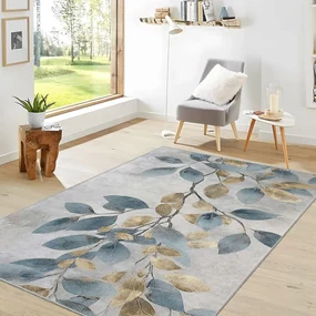 Covor tip traversă albastru deschis/auriu lavabil 80x200 cm Golden Leaves – Mila Home