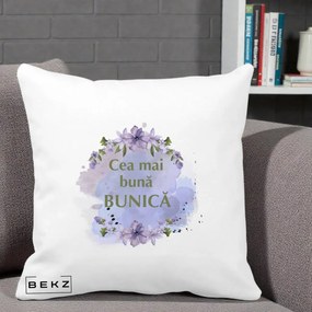 Cadou pentru Bunica - Perna Personalizata Cea Mai Buna Bunica Flori Mov Acuarela Auriu, 40x40 cm, Alba Mata, Husa Detasabila, Perna Inclusa, BEKZ®