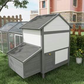 PawHut Coteț din Lemn pentru Găini Ouașe de Exterior cu 2 Recinții Laterale, Cuibar, Acoperiș Impermeabil, Tavă Glisantă, Zonă de Odihnă, Uși și Rampă, pentru 2-4 Găini, 247x118x113.5cm, Gri | Aosom Romania