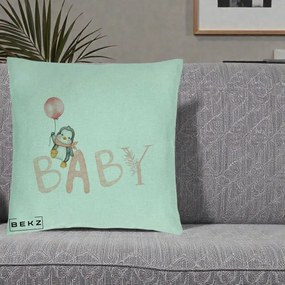 Perna Personalizata Baby Pinguin Roz, 40x40 cm, Verde Menta, Husa Detasabila, Perna Inclusa, BEKZ®