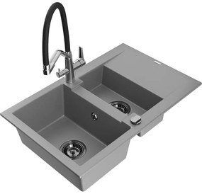 Mexen Gaspar Chiuvetă de granit de 1,5 compartiment cu picurător și baterie de bucătărie Duo, Gri - 6507-71-671701-07-B