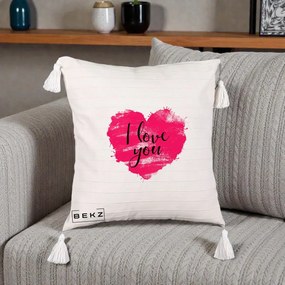 Cadou Romantic - Perna Personalizata I Love You Inima Roz, 40x40 cm, Bej cu Franjuri, Husa Detasabila, Perna Inclusa, BEKZ®