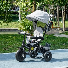 HOMCOM Tricicletă pentru Copii cu Mâner 6 În 1, Cărucior pentru Copii cu Baldachin Reglabil, Centura de Siguranță și Coș, Vârsta 1-5 ani, 95x50x106 cm, Gri