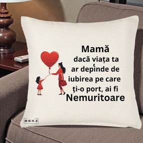 Cadou pentru Mama - Perna Personalizata Mama Nemuritoare cu Bebelus Kawaii, 40x40 cm, Crem Reliefat, Husa Detasabila, Perna Inclusa, BEKZ®