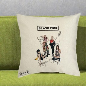 Perna Personalizata K-pop BLACKPINK Fotografie Grup Autografe Toate Membre, 40x40 cm, Ecru, Husa Detasabila, Perna Inclusa, BEKZ®