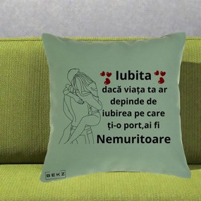 Cadou pentru Iubita - Perna Personalizata Iubita Nemuritoare cu Cuplu Line-Art si Inimi Rosii, 40x40 cm, Verde, Husa Detasabila, Perna Inclusa, BEKZ®