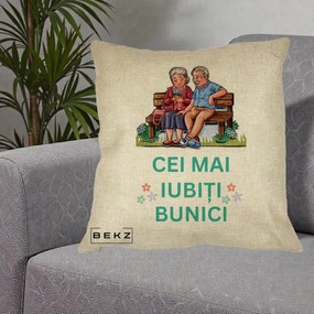 Cadou pentru Bunici - Perna Personalizata Cei Mai Iubiti Bunici Cuplu pe Banca Ilustratie, 40x40 cm, Crem, Husa Detasabila, Perna Inclusa, BEKZ®