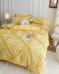 Lenjerie pat dublu, Inimi Brodate, 6 Piese, Finet Premium - Galben