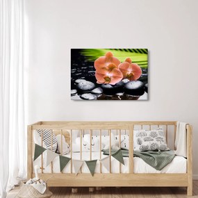 Tablou - Orhidee portocalie cu frunze de palmier (90x60 cm)