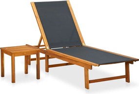 vidaXL Șezlong de plajă cu masă, lemn masiv de acacia &amp; textilenă