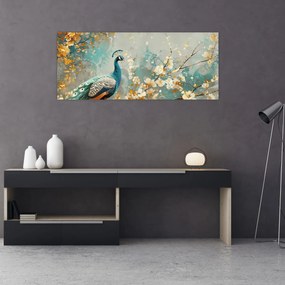 Tablou - Păun cu decor de aur (120x50 cm)