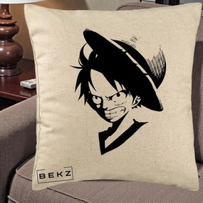 Perna Personalizata One Piece Luffy Silueta Alb-Negru, 40x40 cm, Bej, Husa Detasabila, Perna Inclusa, BEKZ®