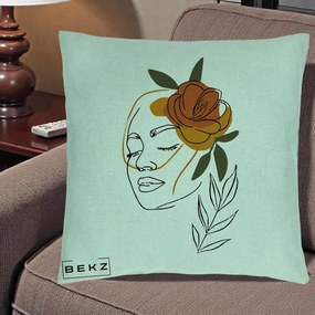 Perna Decorativa Portret Feminin Trandafir Ruginiu, 40x40 cm, Verde Menta, Husa Detasabila, Perna Inclusa, BEKZ®