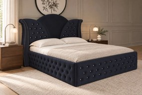 Pat tapițat Chesterfield din catifea Velora Deluxe 180×200 cm, negru, cu ladă de depozitare