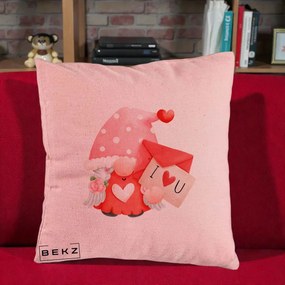 Cadou Romantic - Perna Personalizata I Love You Gnome Valentine cu Scrisoare, 40x40 cm, Roz, Husa Detasabila, Perna Inclusa, BEKZ®