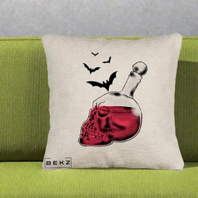 Perna Decorativa Halloween Craniu-Sticla cu Lilieci, 40x40 cm, Bej Canapea, Husa Detasabila, Perna Inclusa, BEKZ®