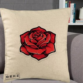 Perna Decorativa Trandafir Rosu Tattoo, 40x40 cm, Bej, Husa Detasabila, Perna Inclusa, BEKZ®