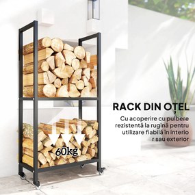 Outsunny Suport pentru Lemne de Foc Exterior și Interior din Oțel pe Două Nivele și cu Roți Negru | Aosom Romania