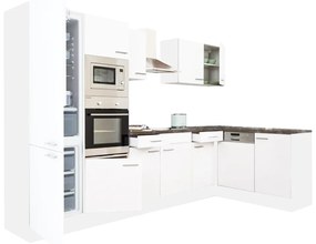 Mobilă de bucătărie de colț Yorki 340, corp alb, față alb satinat, cu frigider sub blat