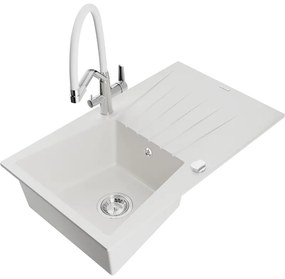 Mexen Cesar chiuvetă de granit cu un compartiment, cu picurător și baterie de bucătărie Duo, Albă - 6514-20-671701-02