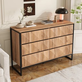 Bufet cu 6 sertare, cadru metalic negru și fronturi de sertare geometrice, 120x40x80 cm, Culoare naturală