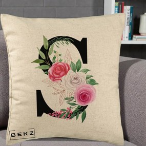 Cadou Personalizat - Perna Personalizata Monograma Florala Litera S, 40x40 cm, Bej, Husa Detasabila, Perna Inclusa, BEKZ®