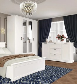 Dormitor Valencia, MDF Vopsit Alb, Dulap 4 usi si 1 Sertar, Pat 160x200, Comoda 2 Usi 3 Sertare, 2 Noptiere