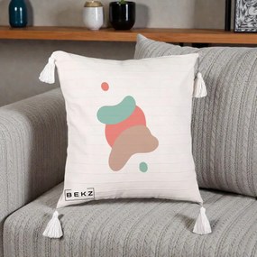 Perna Decorativa Abstract Forme Fluide Coral, 40x40 cm, Bej cu Franjuri, Husa Detasabila, Perna Inclusa, BEKZ®