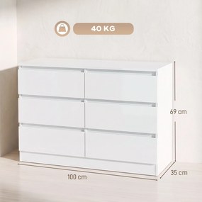 HOMCOM Comodă cu Sertare 6 Sertare Modernă cu Mânere Integrate Ascunse, Economisire Spațiu, PAL, 100x35x69 cm, Alb | Aosom Romania