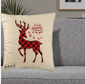 Perna Decorativa Ren Buffalo Plaid Craciun, 40x40 cm, Bej, Husa Detasabila, Perna Inclusa, BEKZ®